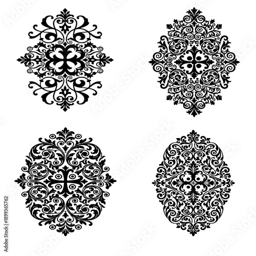 Ornamental Elegance: Four meticulously crafted, symmetrical ornamental designs, each a testament to classical artistry, are arranged against a simple backdrop.