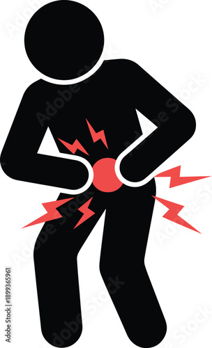 Black silhouette of a person clutching their lower back with red lightning bolts