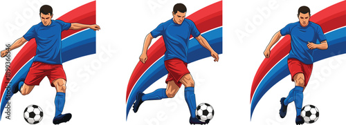 Soccer football player action illustration set, dribbling kicking running poses, professional male athlete, dynamic sports vector design