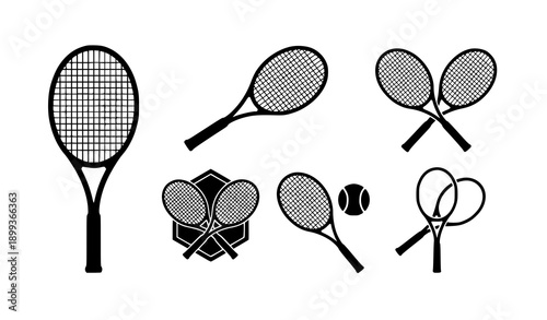 Tennis racket flat icon set sport equipment vector collection isolated on white