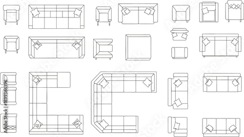 Sofa furniture top view illustration set, living room seating layouts, interior design blueprint, architectural line vector drawings