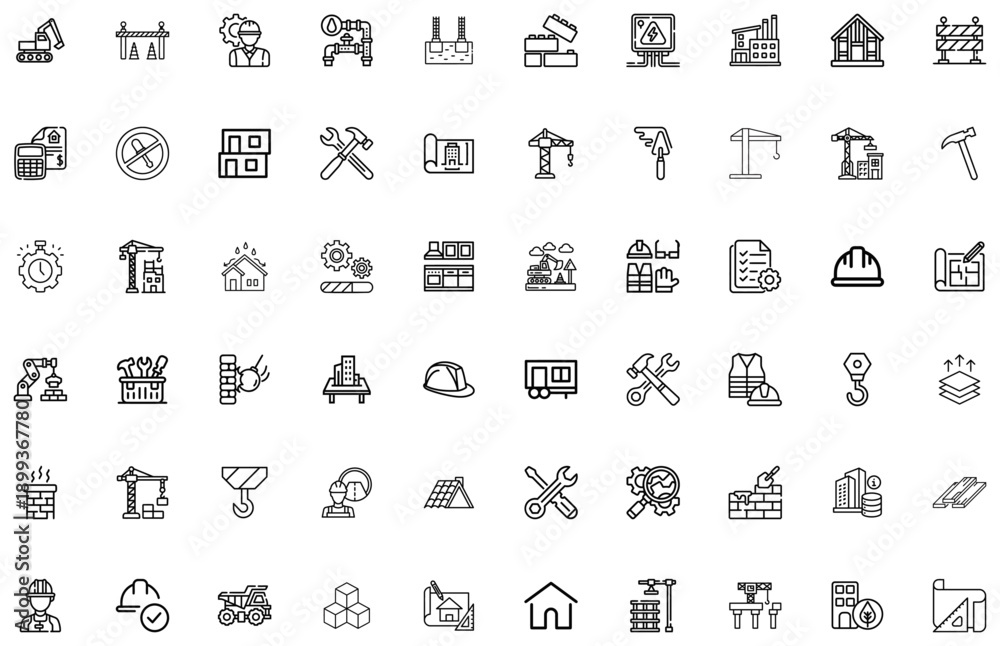 Fototapeta premium Construction and Engineering Set with Tools Buildings and Workers