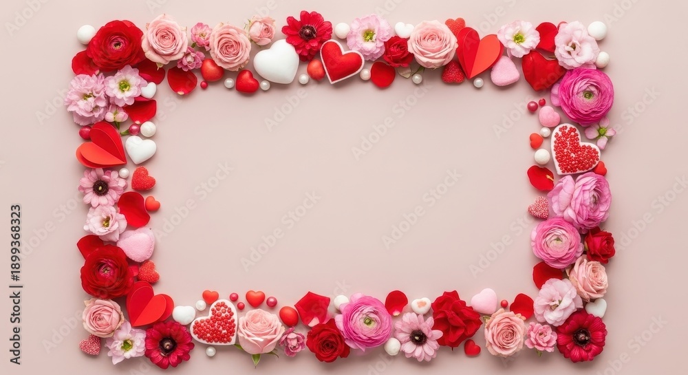 Obraz premium A beautiful arrangement of flowers and hearts forms a square frame on a pink background.
