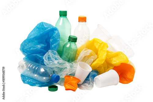 Assorted plastic waste pile with bottles on transparent background