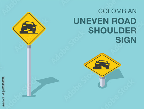 Traffic regulation rules. Isolated colombian "uneven road shoulder" road sign. Front and top view. Flat vector illustration template.