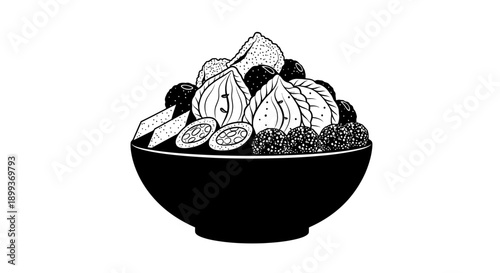 Monochrome illustration of a fruit bowl with figs, berries, and other fruits, perfect for healthy eating concepts.