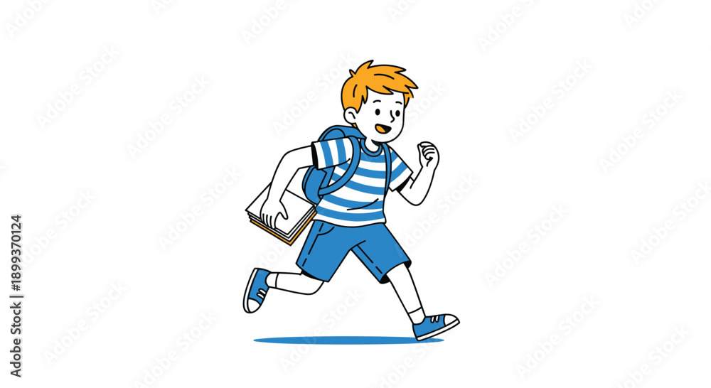 Fototapeta premium Energetic young boy with orange hair running to school carrying a book and wearing a blue and white striped t-shirt and backpack.