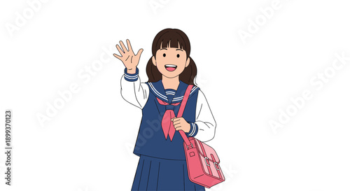 Happy schoolgirl with dark hair in pigtails wearing a navy blue sailor uniform and pink bag waving her hand with a friendly smile.