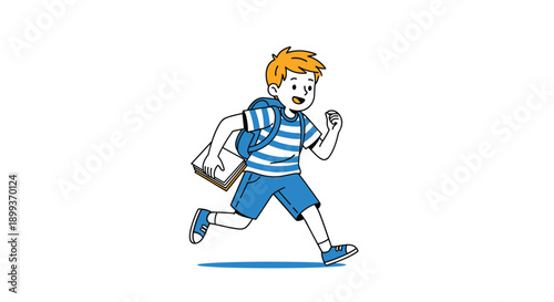 Energetic young boy with orange hair running to school carrying a book and wearing a blue and white striped t-shirt and backpack.