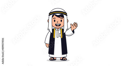 Friendly young boy wearing a traditional white thawb, black vest, and ghutra waving his hand with a happy smile on his face.