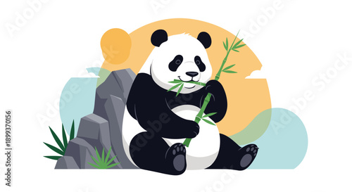 Large giant panda sitting comfortably against a rock and happily eating a green bamboo branch in a natural mountain habitat.