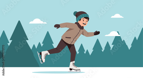 Young boy wearing a warm jacket and hat ice skating on a frozen lake in a beautiful snowy pine forest winter landscape.