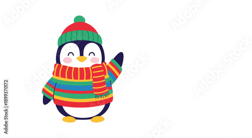 Cute cartoon penguin wearing a colorful striped sweater and winter hat waves happily in a simple vector illustration.
