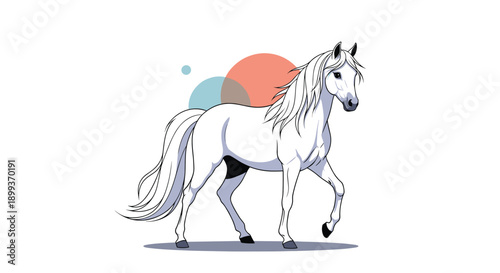 Elegant white horse with a long flowing mane walks gracefully against a background of soft pastel colored circles.