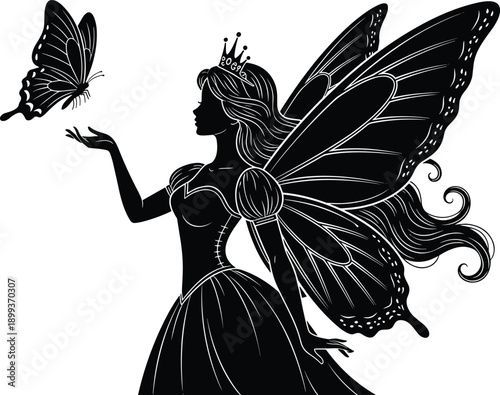 Fairy princess silhouette with butterfly, fantasy magic illustration, winged woman crown, mythical art, black vector, storybook character, enchantment, elegance, design