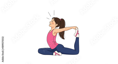 Active young girl in a pink tank top and blue leggings practices a king pigeon yoga pose with a happy expression.