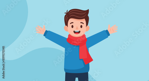 Cheerful young boy wearing a red scarf and blue sweater raises his arms wide with a big smile of happiness vector.