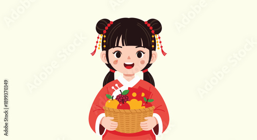 Smiling young girl in a red traditional Chinese dress holds a basket filled with various fruits and red envelopes.