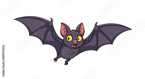 Friendly purple cartoon bat with large yellow eyes and open wings flies happily against a clean white background.