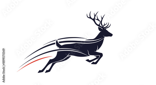 Dark silhouette of a majestic stag deer jumping through the air with elegant motion lines on a white backdrop.