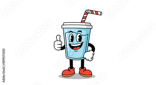 Retro cartoon style blue soda cup character with a striped straw gives a cheerful thumbs up with gloved hands.