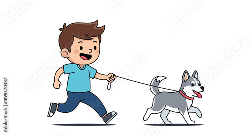 Happy young boy in a bright blue shirt runs while walking his husky dog on a leash against a white background.
