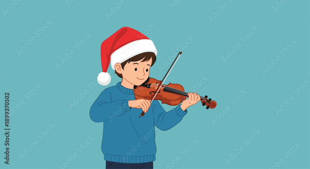 Fototapeta premium Talented young boy wearing a red Santa hat and blue sweater plays the violin with a focused and calm expression.