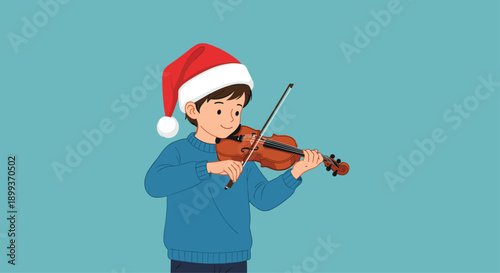 Talented young boy wearing a red Santa hat and blue sweater plays the violin with a focused and calm expression.