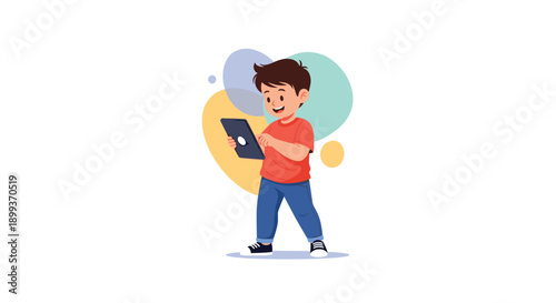 Little boy in a red shirt standing and happily playing on a digital tablet with colorful abstract shapes in the background.