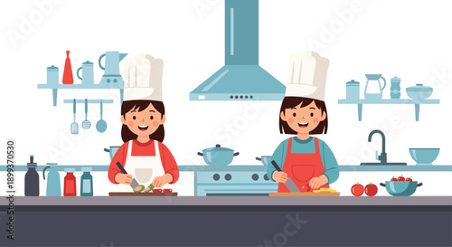Two young girls wearing white chef hats and red aprons preparing food in a modern kitchen with various cooking utensils and tools.