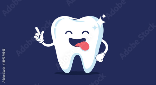 Cute cartoon tooth character with a happy smiling face and tongue out sparkling with white highlights on a dark blue background.