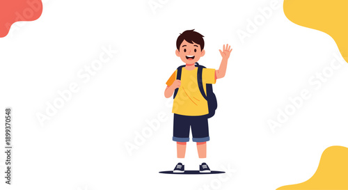 Smiling schoolboy wearing a yellow t-shirt and blue shorts with a backpack waving goodbye as he starts his day at elementary school.