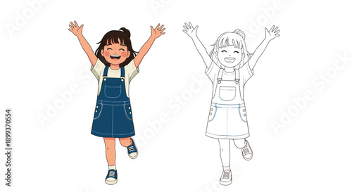 Joyful young girl in a denim overall dress raising her arms in celebration shown in both full color and black and white line art.
