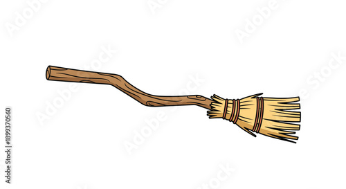 Traditional wooden witch broomstick made of a twisted branch and straw bristles lying horizontally on a clean white background.