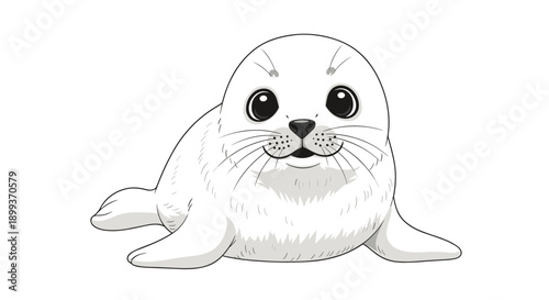 Portrait of a cute baby seal pup with large dark eyes and long whiskers lying down on a white background in a detailed drawing.