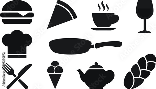 Food and Beverage Icons in Modern Minimalist Style with Solid Black Color on White Background for Restaurant Menu Design