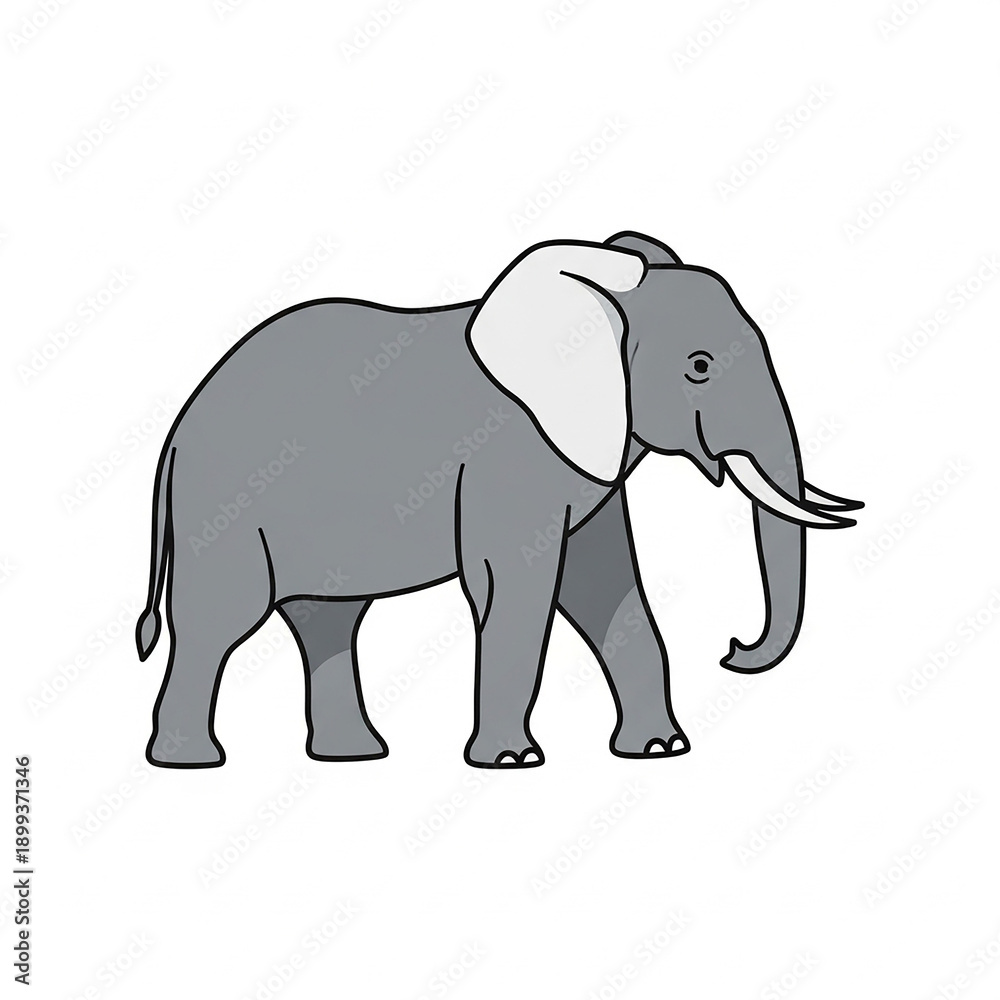 Fototapeta premium A detailed illustration of a large gray elephant with tusks and large ears, walking from left to right.