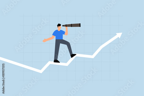 Business vision, manager with binoculars to see future on top of market graph with rising arrow