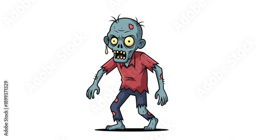 Spooky green zombie character with yellow eyes and a torn red shirt walking in a tattered state for halloween and horror themes.