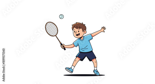 Energetic young boy character in a blue shirt playing tennis and preparing to hit the ball with his racket on a plain white background.