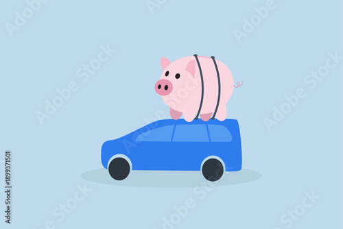 Saving money to buy new car, big pink piggy bank wallet on the roof of the car