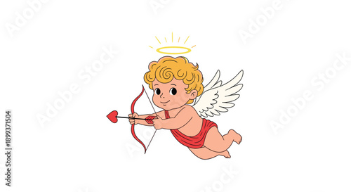 Little cupid character flying through the air while holding a bow and a heart tipped arrow for valentines day celebration or romantic design projects.