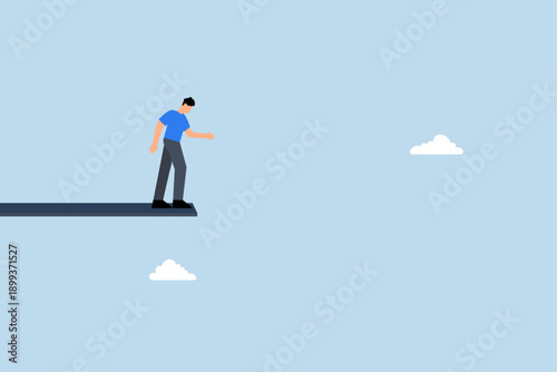 financial risk to fall down from economic recession, businessman standing on a wood jumping high in the sky looks down in fear