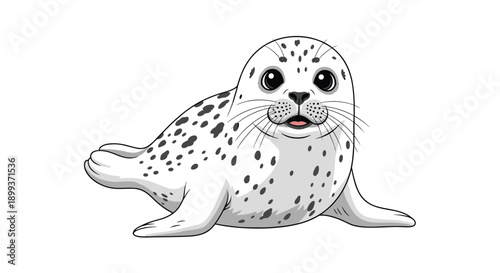 Young spotted seal pup lying on its belly with big dark eyes and a curious facial expression isolated on a clean white background for design.