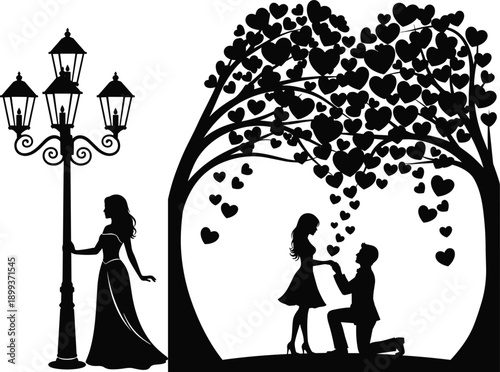Romantic couple silhouette proposal under heart tree, love concept vector illustration, valentine romance, relationship, wedding, engagement, night, park, scene, art