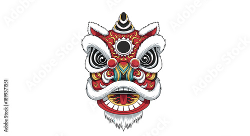 Detailed illustration of a traditional chinese lion dance mask featuring vibrant red and white colors for lunar new year festival celebrations.