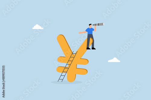 Japan economic vision and forecast, businessman climbing ladder using Japanese yen sign with telescope to see vision of the future.