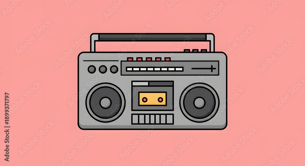 Fototapeta premium Cartoon-style illustration of a retro boombox, featuring speakers, buttons, and cassette player