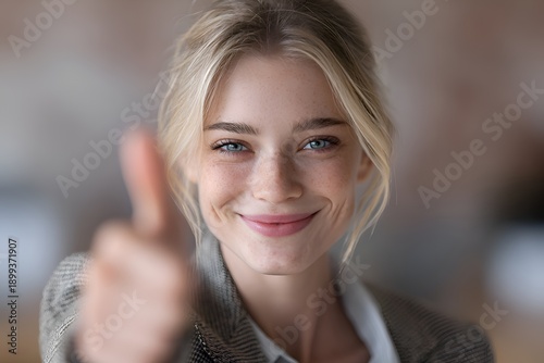 A happy young woman with blonde hair and blue eyes smiles while giving a thumbs up of approval with a blurry background in the office setting.
