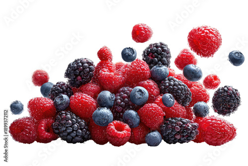 Vibrant cluster of mixed berries.  A generous pile of raspberries, blackberries, and blueberries. 